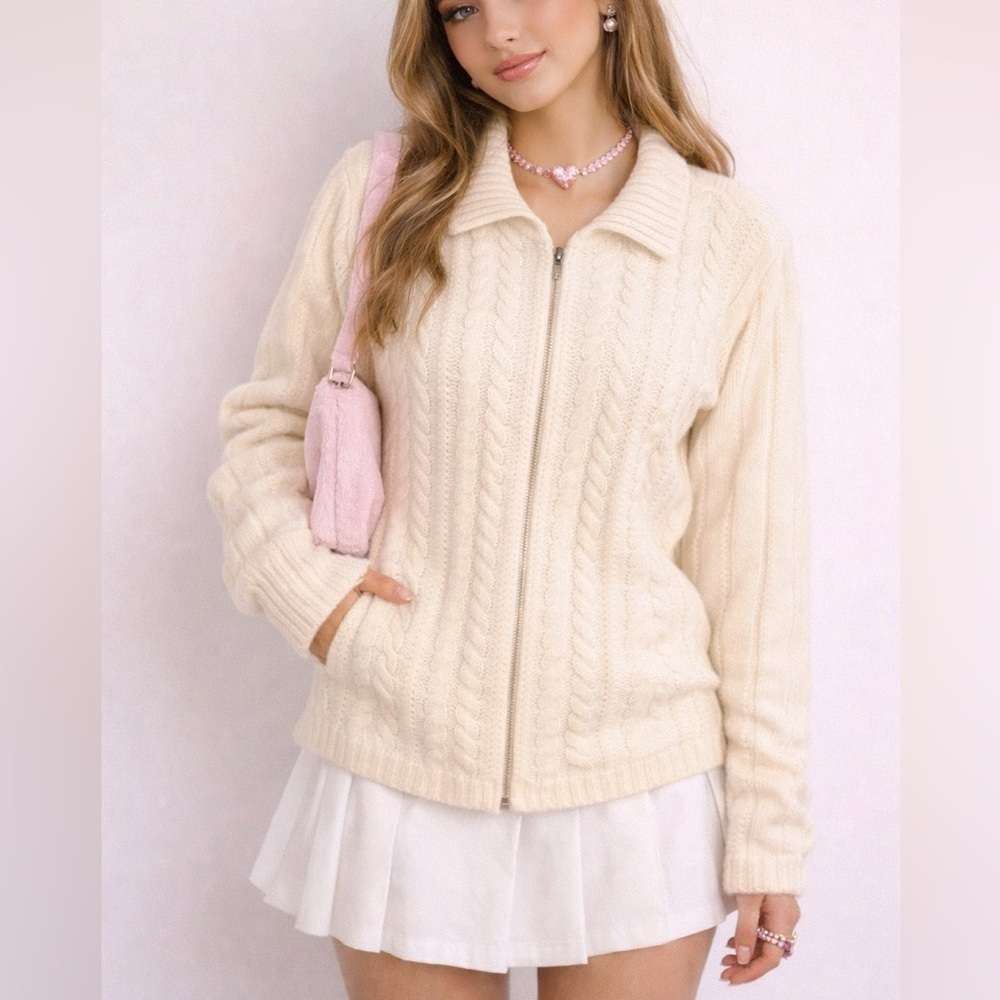 Vintage white zip cable knit cardigan Size medium lambs wool angora Hong Kong